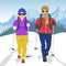 Senior couple wearing hiking gear walking in mountains in winter