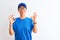 Senior deliverywoman wearing cap and glasses standing over isolated white background relax and smiling with eyes closed doing