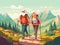 senior elderly grandfather old active happy walking couple hiking trekking. Generative AI.