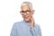 Senior Expert! Businesswoman with glasses in a blue shirt and gray white hair and glasses