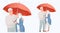 Senior family protection concept. Elderly couple holding umbrella, hiding from rain.