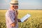 Senior farmer or agronomist filling out questionnaire while inspecting organic wheat field