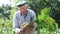 Senior farmer show his organic carrot harvest.