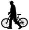 Senior gentleman pushing a bicycle in a park, vector silhouette. Old man walking and resting of bicycle riding.