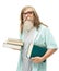 Senior in glasses with books. Old man education, elder with bear