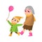 Senior grandmother walking with nephew what take pink balloon