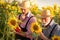 Senior gray haired agronomist or farmer working with young colleague on sunflower field