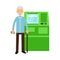 Senior Gray-haired Man Character With Cane Standing Near ATM Vector Illustration