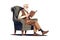 Senior gray-haired old man in an armchair with a book isolated on a white background. Generative ai