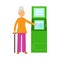 Senior Gray-haired Woman Character With Cane Standing Near ATM Vector Illustration