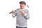 Senior handsome grey-haired man holding golf club and ball smiling happy pointing with hand and finger