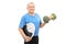 Senior holding broccoli dumbbell and weight scale