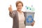 Senior holding a recycling bin and giving thumb up