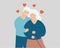 Senior husband and wife stand together and hug each other. Elderly man and woman couple hold hands. Mature relationships concept