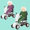 Senior Lady and Man on a Mobility Scooter. Elderly people moving on scooter. Elderly transport. Vector illustration