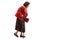 Senior lady in a red suit walking with a cane