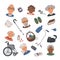 Senior lifestyle flat icons set with elderly people portraits and elements. Nursing home. Senior people healthcare