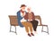 Senior love couple of two old people sitting on bench together. Happy smiling elderly man and woman hugging and holding