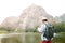 Senior man backpacking hiking travel nature