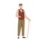 Senior man with cane, wearing elegant clothes and hat. Elderly gentleman in fashion apparel, vest and bow. Old aged