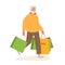 Senior man carries Shopping Packages. Mature Cartoon character after successful shoping. Elderly man with colorful