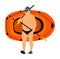 Senior man carrying row boat rubber boat and paddles illustration. Beach funny day. Mature man sunbathing,