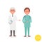 Senior man doctor with young man doctor stand together. Vector flat characters