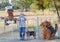 Senior man fence & gate & dog hay sculptures