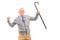 A senior man holding a cane and gesturing happiness, looking at