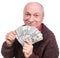 Senior man holding a stack of money. Portrait of an excited old businessman