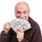 Senior man holding a stack of money. Portrait of an excited old businessman