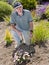 Senior man installing drip irrigation in garden
