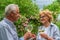 Senior man and lady holding  clinking glasses and drink wine.