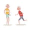Senior man make exercise with dumbbells. Elderly woman run with armband for jogging. Adult people sport activities.
