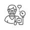 Senior man measuring blood pressure - line design single isolated icon