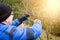 Senior man pruning a wine grape vineyard