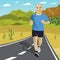 Senior man running or sprinting on road in mountains. Fit mature male fitness runner during outdoor workout
