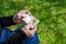 Senior man\'s hands holding Euro banknote. Struggling pensioners concept.