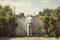 Senior man standing near fence waiting for guests back view