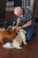 Senior man strokes three small dogs