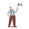 Senior man in typical french outfit holding national flag of france. Cartoon man welcome to Paris