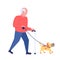Senior man walking with dog in muzzle grandfather and animal pet having fun best friend concept male cartoon character