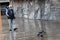 Senior man walking under the rain during Covid Lockdown Barcelona Spain