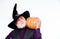 Senior man white beard celebrate Halloween with pumpkin. Magic concept. Experienced and wise. Halloween tradition