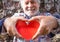 Senior man in the woods  holding a heart shape on his hands. Earth day concept. Together save the planet from deforestation