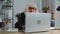 Senior mature older business woman hiding behind laptop computer, making funny face, fooling around