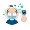 Senior measuring body temperature and wearing a face mask vector illustration