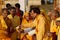 Senior men perform ritual ceremony at holy Pushkar Sarovar lake,Pushkar,India