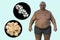 A senior overweight man with a close-up view of adipocytes and cholesterol molecules, 3D illustration
