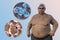 A senior overweight man with a close-up view of adipocytes and cholesterol molecules, 3D illustration